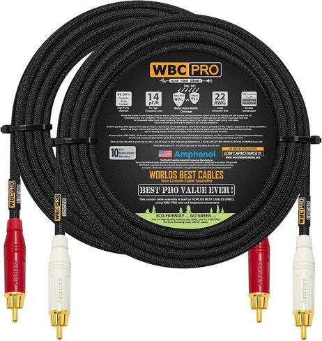 50 Foot RCA Cable Pair - WBC-PRO-LOCAP Low-Capacitance (14pF/ft) 22 AWG Ultra-Silent Audiophile & Professional-Grade Audio Interconnect Cable with Amphenol ACPR Gold RCA Plugs & Black Tweed Jacket in Kuwait