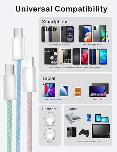 كابل شاحن منسوج 3 قدم من أجل Apple ، USB C إلى USB C Cable 60W من النوع C من النوع C الشحن السريع المتوافق مع iPhone 16/16 Plus/16 Pro/16 Pro Max/iPhone 15/15 Pro Max/iPad Pro/Airpods (2 Pack) in Kuwait