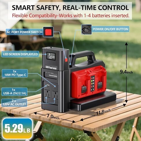 500W Pure GENT WAVE POWERTER لبطارية MILWAUKEE M18 18V ، 4-POTTS DC 18V إلى AC (2 منافذ) محول محول شاحن شاحن الشاحن 120V للتخييم ، الطوارئ (أداة فقط) in Kuwait