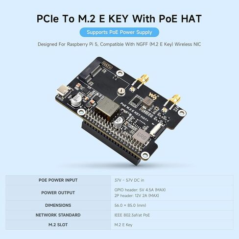 PCIE Waveshare إلى M.2 e مفتاح محول مع وظيفة POE ، متوافق مع Raspberry PI 5 ، دعم NGFF (M.2 E KEY) NIC WIRELYS ، RASPBERRY PI 5 PCIE HAT ، يشمل AX210 اللاسلكي. in Kuwait