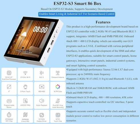 AI ESP32-S3 Smart 86 Box Board ، يدعم 2.4 جيجا هرتز Wi-Fi/Bluetooth Ble 5 ، على متن عرض 480 × 480 بكسل ، يدعم التفاعل الصوتي من الذكاء الاصطناع in Kuwait