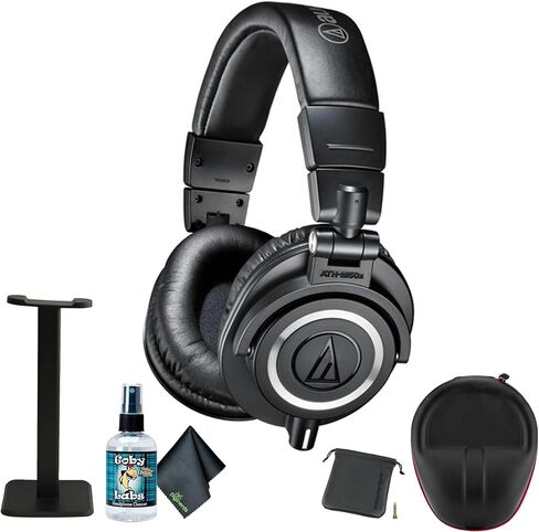 Audio-Technica ATH-M50x Professional Studio Monitor Headphones, Black + Microfiber Cleaning Cloth + Headphone Stand + Headphone CASE + Goby Labs Headphone Cleaner 4 fl oz in Kuwait
