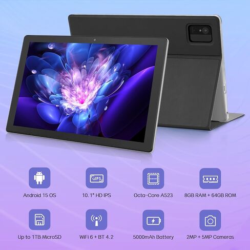 Android Tablet, 10.1 inch Tablet with Case, Android 15 Tablets for Adults, Octa-Core, 8GB RAM 64GB ROM, 1TB Expandable, WiFi 6, GPS, Dual Camera, 5000mAh Battery – Silver in Kuwait