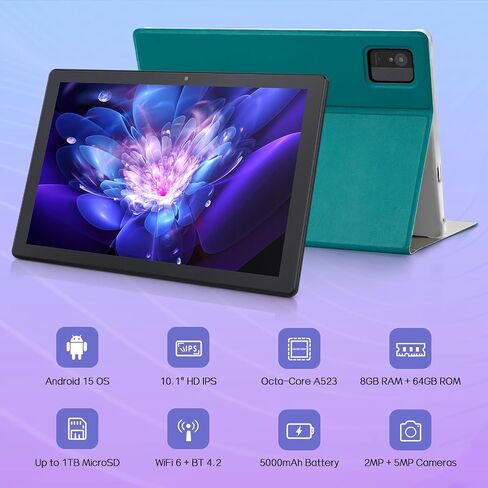 Android Tablet ، 10.1 بوصة قرص مع علبة ، Android 15 أقراص للبالغين ، أو ثمان النواة ، وذاكرة RAM 64GB 64 جيجابايت ، و 1 تيرابايت قابلة للتوسيع ، واي فاي 6 ، GPS ، الكاميرا المزدوجة ، بطارية 5000 مللي أمبير في الساعة-الفضة in Kuwait