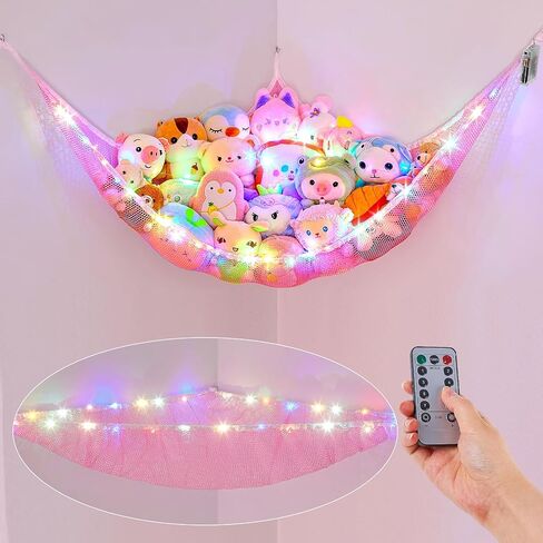Basumee Stuffed Animals Hammock with LED Light Large Plush Toy Net Organizer Corner Stuffed Animals Storage Hanging Holder for Soft Toys Space-Saving Nursery Playroom Bedroom Decor in Saudi Arabia