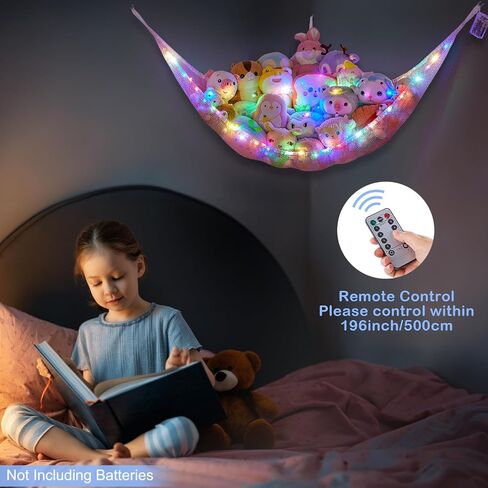 Basumee Stuffed Animals Hammock with LED Light Large Plush Toy Net Organizer Corner Stuffed Animals Storage Hanging Holder for Soft Toys Space-Saving Nursery Playroom Bedroom Decor in Saudi Arabia