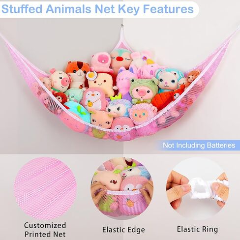 Basumee Stuffed Animals Hammock with LED Light Large Plush Toy Net Organizer Corner Stuffed Animals Storage Hanging Holder for Soft Toys Space-Saving Nursery Playroom Bedroom Decor in Saudi Arabia
