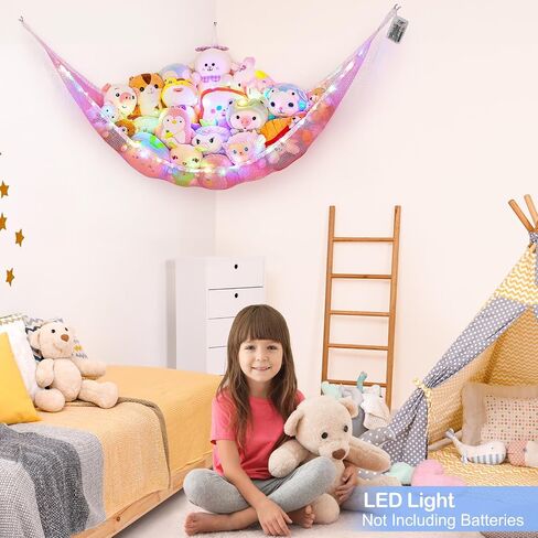 Basumee Stuffed Animals Hammock with LED Light Large Plush Toy Net Organizer Corner Stuffed Animals Storage Hanging Holder for Soft Toys Space-Saving Nursery Playroom Bedroom Decor in Saudi Arabia