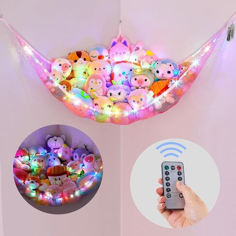 Basumee Stuffed Animals Hammock with LED Light Large Plush Toy Net Organizer Corner Stuffed Animals Storage Hanging Holder for Soft Toys Space-Saving Nursery Playroom Bedroom Decor in Saudi Arabia