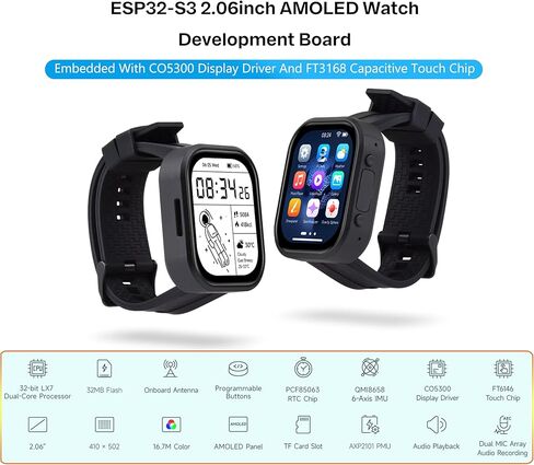 ESP32-S3 2.06ENCH AMOLED TOUCH SMART-WATCHLE DEVELONATION ، ESP32 مع شاشة تعمل باللمس 410X502 ، تدعم التعرف على الصوت في وضع عدم الاتصال والتفاعل الكلام AI (بدون بطارية) in Kuwait