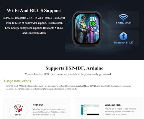 ESP32-S3 2.06ENCH AMOLED TOUCH SMART-WATCHLE DEVELONATION ، ESP32 مع شاشة تعمل باللمس 410X502 ، تدعم التعرف على الصوت في وضع عدم الاتصال والتفاعل الكلام AI (بدون بطارية) in Kuwait
