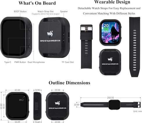 ESP32-S3 2.06ENCH AMOLED TOUCH SMART-WATCHLE DEVELONATION ، ESP32 مع شاشة تعمل باللمس 410X502 ، تدعم التعرف على الصوت في وضع عدم الاتصال والتفاعل الكلام AI (بدون بطارية) in Kuwait