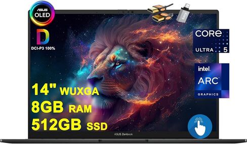 ASUS Zenbook 14 OLED Business AI PC Laptop 14" WUXGA OLED Touchscreen (550nits 100% DCI-P3 Glossy) Intel 14-core Ultra 5 125H 8GB RAM 512GB SSD Backlit Thunderbolt Harman/kardon Win11 w/ICAP Accessory in Saudi Arabia