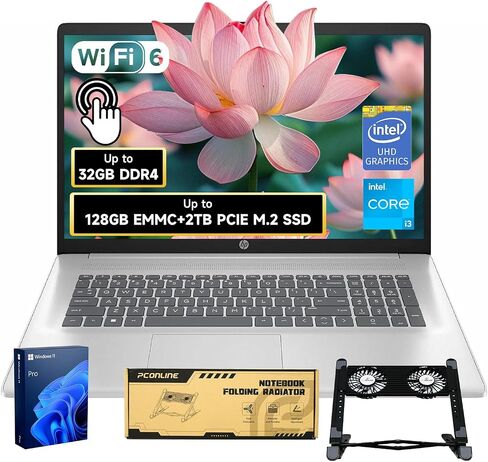 HP 17.3" Touchscreen Laptop, Intel Core i3-N305, 32GB RAM, 128GB eMMC + 1TB SSD, Numeric Keypad, Webcam, HDMI, Wi-Fi 6, Windows 11 Pro, Silver, Bundle with PCO Notebook Fold Radiator, Cooler in Saudi Arabia