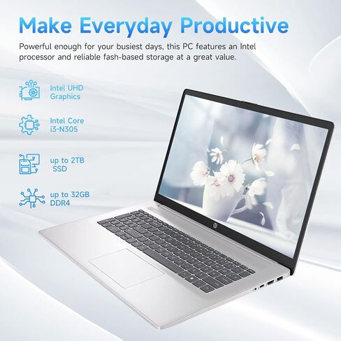 HP 17.3" Touchscreen Laptop, Intel Core i3-N305, 32GB RAM, 128GB eMMC + 1TB SSD, Numeric Keypad, Webcam, HDMI, Wi-Fi 6, Windows 11 Pro, Silver, Bundle with PCO Notebook Fold Radiator, Cooler in Kuwait