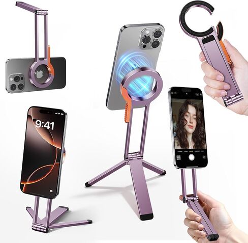 for MagSafe Magnetic Phone Tripod Stand for iPhone & Android Phone, Portable Mini Pocket Tripod Holder, Foldable Aluminum Small Holder with Carabiner Clip for iPhone 16/15/14/13 Series, Dusty Purple in Kuwait