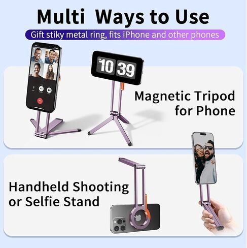 for MagSafe Magnetic Phone Tripod Stand for iPhone & Android Phone, Portable Mini Pocket Tripod Holder, Foldable Aluminum Small Holder with Carabiner Clip for iPhone 16/15/14/13 Series, Dusty Purple in Kuwait