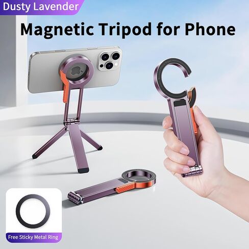 for MagSafe Magnetic Phone Tripod Stand for iPhone & Android Phone, Portable Mini Pocket Tripod Holder, Foldable Aluminum Small Holder with Carabiner Clip for iPhone 16/15/14/13 Series, Dusty Purple in Kuwait