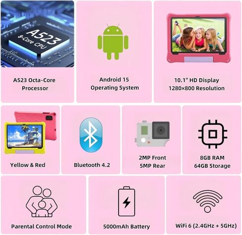 Kids Tablet, Android 15 Tablet with Case - 8GB+64GB Storage (TF Expand 1TB), Octa-Core CPU, WiFi6, Dual Camera, Android Tablets for Kids Ideal for Toddler with Parental Control in Kuwait
