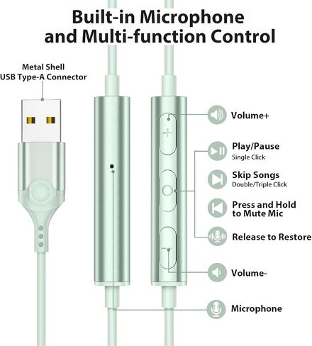 APETOO USB Headset with Microphone for PC/Laptop, 7.5FT USB Type-A Wired Earbuds in-Ear Headphones - Volume Control, Mute Audio, Lightweight, Compatible with Lenovo Acer HP Dell Laptop Desktop, White in Saudi Arabia