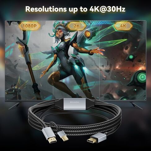 BolAAzuL 4K HDMI to DisplayPort Cable 6.6ft - Unidirectional HDMI Source to Displayport Monitor Cable - USB Powered/Male/Male/Braided in Saudi Arabia