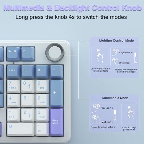 AULA F99 Pro Wireless Mechanical Keyboard with Knob,Tri-Mode BT5.0/USB-C/2.4GHz Hot Swappable Keyboard,Pre-lubed Switches,RGB Backlit Computer Gaming Keyboards (White&Blue&Purple) (Renewed) in Saudi Arabia