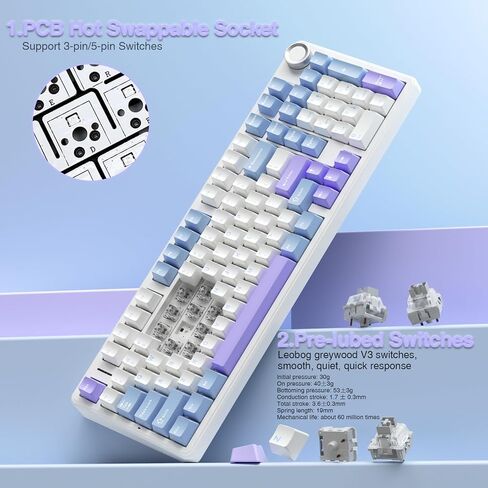 AULA F99 Pro Wireless Mechanical Keyboard with Knob,Tri-Mode BT5.0/USB-C/2.4GHz Hot Swappable Keyboard,Pre-lubed Switches,RGB Backlit Computer Gaming Keyboards (White&Blue&Purple) (Renewed) in Saudi Arabia