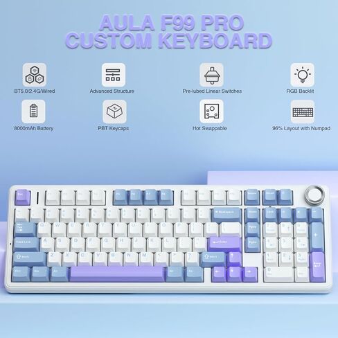 AULA F99 Pro Wireless Mechanical Keyboard with Knob,Tri-Mode BT5.0/USB-C/2.4GHz Hot Swappable Keyboard,Pre-lubed Switches,RGB Backlit Computer Gaming Keyboards (White&Blue&Purple) (Renewed) in Saudi Arabia
