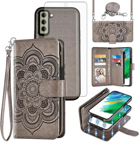Phone Case for Samsung Galaxy S21 FE 5G Zipper Wallet Detachable Cell Cover with Screen Protector Crossbody Lanyard Strap Flower Card Holder S 21 EF S21FE5G UW S21FE 21S G5 6.4 inch Women Girls Red in Saudi Arabia