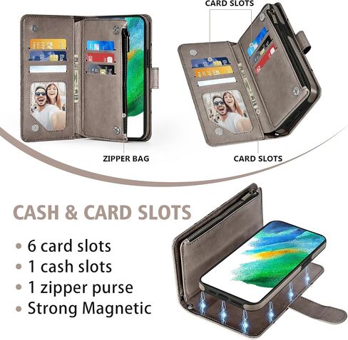 Phone Case for Samsung Galaxy S21 FE 5G Zipper Wallet Detachable Cell Cover with Screen Protector Crossbody Lanyard Strap Flower Card Holder S 21 EF S21FE5G UW S21FE 21S G5 6.4 inch Women Girls Red in Saudi Arabia