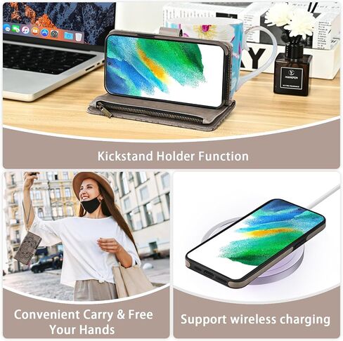 Phone Case for Samsung Galaxy S21 FE 5G Zipper Wallet Detachable Cell Cover with Screen Protector Crossbody Lanyard Strap Flower Card Holder S 21 EF S21FE5G UW S21FE 21S G5 6.4 inch Women Girls Red in Saudi Arabia