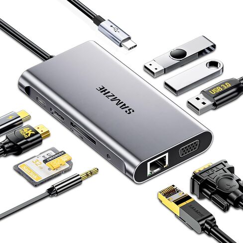 SAMZHE USB C Docking Station 10-In-1 USB-C HUB DUAL 4K HDMI Monitor محطات DOCK محرك متعدد المحول مع HDMI 4K+VGA+3 USB-A 3.0 PORT+100W PD ACRGER+ETHERNET+SD/TF+AUDIO in Kuwait