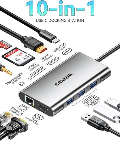 SAMZHE USB C Docking Station 10-In-1 USB-C HUB DUAL 4K HDMI Monitor محطات DOCK محرك متعدد المحول مع HDMI 4K+VGA+3 USB-A 3.0 PORT+100W PD ACRGER+ETHERNET+SD/TF+AUDIO in Kuwait