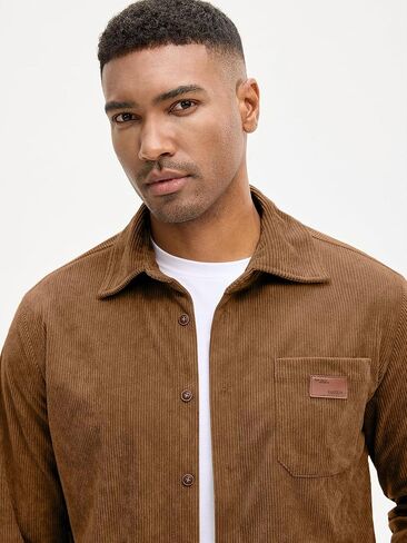 قميص رجالي من Comdecevis بأكمام طويلة وقميص عمل مضلع وأزرار سفلية مع جيب على الصدر in Kuwait