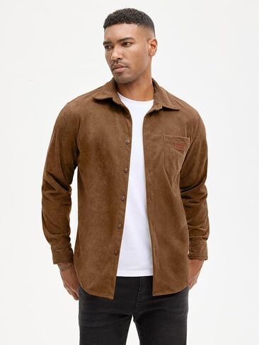 قميص رجالي من Comdecevis بأكمام طويلة وقميص عمل مضلع وأزرار سفلية مع جيب على الصدر in Kuwait