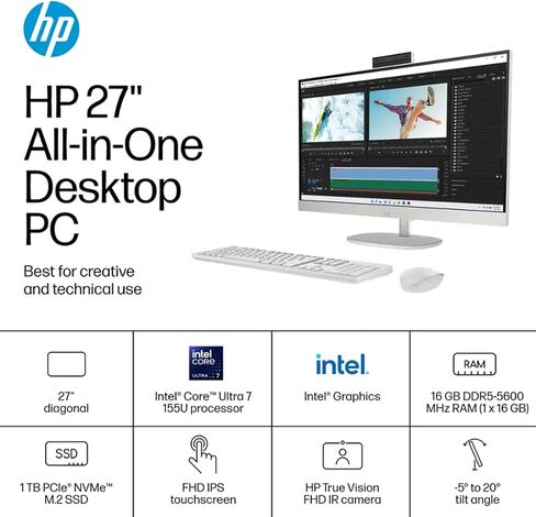 HP 27 "FHD Touch-Screen Computer All-in-One-12-Cores Intel Core Ultra 7 155U ، كاميرا Pop-up للخصوصية ، Windows 11 Pro ، White ، W/Accessories ، 64GB DDR5 RAM in Saudi Arabia