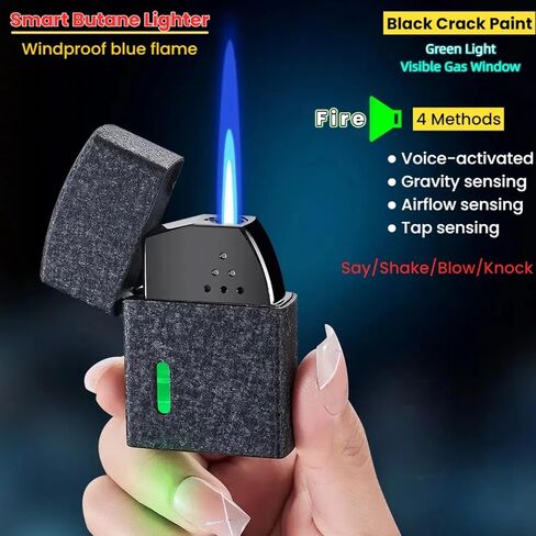 Smart Butane Torch Lighter with 4 Ignition Methods, Voice Activated Windproof Lighter, Straight Jet Blue Flame Refillable Lighters for Candles, Camping (Fuel Not Included) (Black) in Kuwait