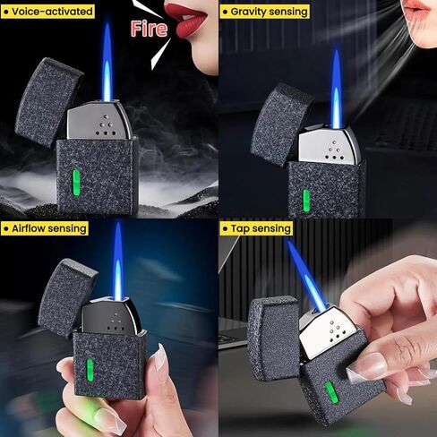 Smart Butane Torch Lighter with 4 Ignition Methods, Voice Activated Windproof Lighter, Straight Jet Blue Flame Refillable Lighters for Candles, Camping (Fuel Not Included) (Black) in Kuwait