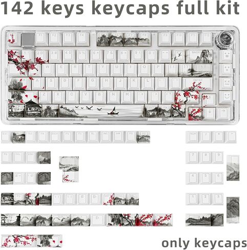 PBT Keycaps Set 142 Keys, Shine Through White Japanese Keycap, Plum Blossom Custom Double Shot Keycap Set, Cherry Profile Dye-Sublimation Key caps for Cherry MX Mechanical Keyboards in Kuwait