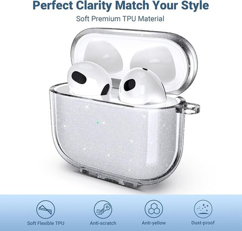 ULAK Compatible with AirPods 3 Case Clear Glitter, Shockproof Transparent Designed Soft TPU Protective Cover with Keychain for AirPods 3rd Generation 2021 [Front Led Visible], Glitter in Saudi Arabia