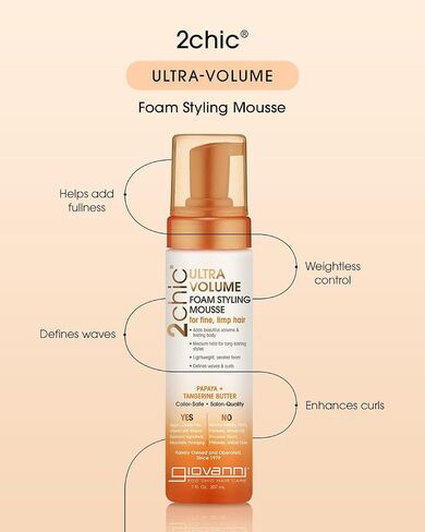 GIOVANNI 2chic Ultra-Volume Foam Styling Mousse, 7 oz. - Daily Volumizing Formula with Papaya & Tangerine Butter, Promotes Weightless Control for Fine Limp Thin Hair, No Parabens, Color Safe in Kuwait