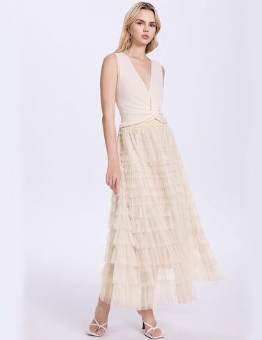 تنورة Flygo النسائية طويلة طويلة من التول ذات طبقات عالية الخصر على شكل حرف A ذات طبقات شبكية تنورة توتو تنورة تحتية in Kuwait