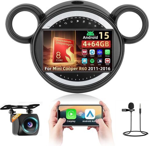 Qualcomm 8 Core Car Radio for Mini Cooper R60 2011-2016 ، [4+64GB] Android 15 9 بوصة شاشة تعمل باللمس مع Carplay Android Auto/Bluetooth 5.0/1280 * 720p/DSP/FM/RDS/GPS/WIFI/WIFI/Voice Control in Kuwait