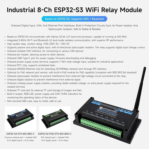 Waveshare Industrial 8-Channel ESP32-S3 WiFi Relay Module, Isolated CAN Interface, Xtensa 32-bit LX7 Dual-core Processor, 240MHz, Multiple Isolation Protection Circuits, PoE Ethernet Port in Saudi Arabia