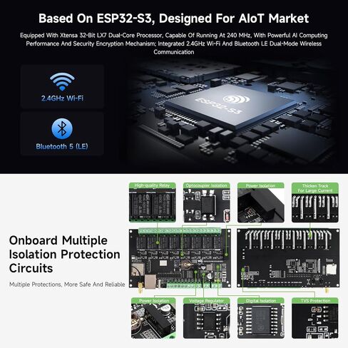 Waveshare Industrial 8-Channel ESP32-S3 WiFi Relay Module, Isolated CAN Interface, Xtensa 32-bit LX7 Dual-core Processor, 240MHz, Multiple Isolation Protection Circuits, PoE Ethernet Port in Saudi Arabia