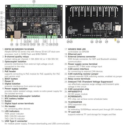 Waveshare Industrial 8-Channel ESP32-S3 WiFi Relay Module, Isolated CAN Interface, Xtensa 32-bit LX7 Dual-core Processor, 240MHz, Multiple Isolation Protection Circuits, PoE Ethernet Port in Saudi Arabia