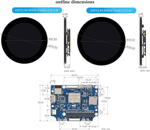 ESP32-P4 3.4 inch Round Touch Display Development Board, IPS LCD, 800x800 Resolution, Support WFi 6 / BLE 5,Onboard Dual Microphones, Audio Input/Output, Supports AI Voice Interaction in Kuwait