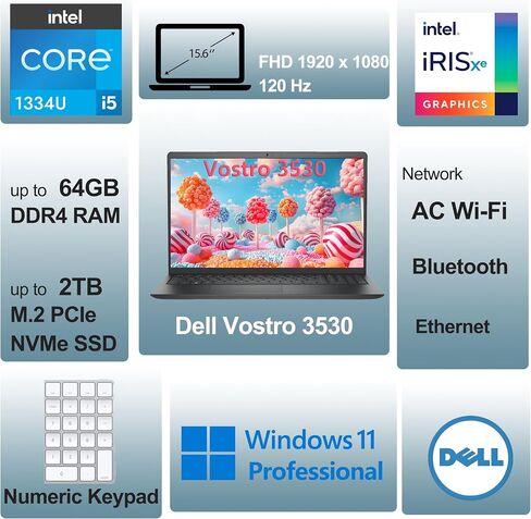 Dell 15.6 "3530 كمبيوتر الكمبيوتر المحمول لطالب المنزل والأعمال ، Intel 10-Core I5-1334U (Beat i7-1250U) ، 32GB RAM ، 1TB PCIe SSD ، 120Hz FHD ، WiFi ، Bluetooth ، Carbon Black ، Windows 11 Pro (Renewed) in Saudi Arabia