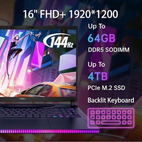 MSI RAIDER GE68HX 16 GAMING LAPTOP-Intel 24-CORE I9-14900HX ، NVIDIA GEFORCE RTX 4070 ، 16 "Wuxga 144Hz Display ، RGB Backlit Keyboard ، Windows 11 Pro ، Wi-Fi 6 | 64 GB DDR5 + 2 TB SSD in Kuwait