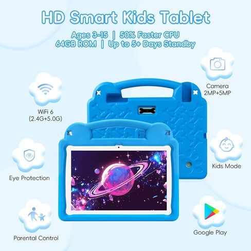 جهاز لوحي للأطفال ، 10.1 بوصة Android Tablet للأطفال ، A523 Octa-Core ، 8GB+64GB ، 5000mAh بطارية مع حالة EVA الأزرق ، Wi-Fi 6 (2.4 جيجا هرتز و 5 جيجا هرتز) ، التحكم الوالدي ، GMS in Kuwait
